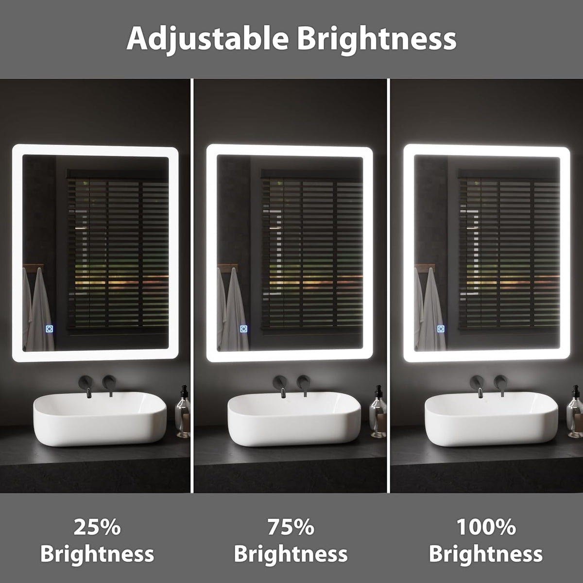 Rectangle Bathroom LED Mirror with Dimmable Lights, Anti-fog, Shatter-Proof Tempered Glass