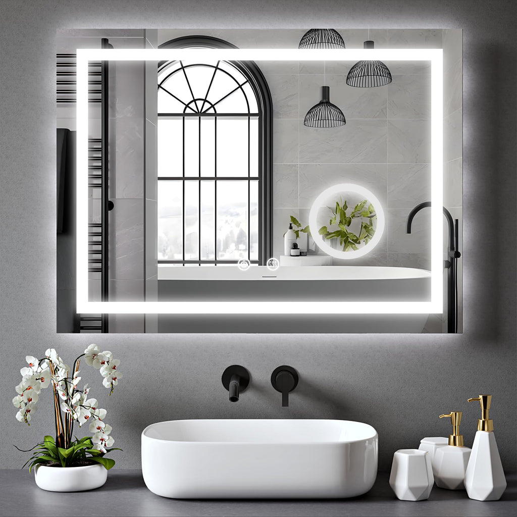 Rectangle Bathroom LED Mirror with Magnifier and Dimmable Lights, Anti-fog, Shatter-Proof Tempered Glass