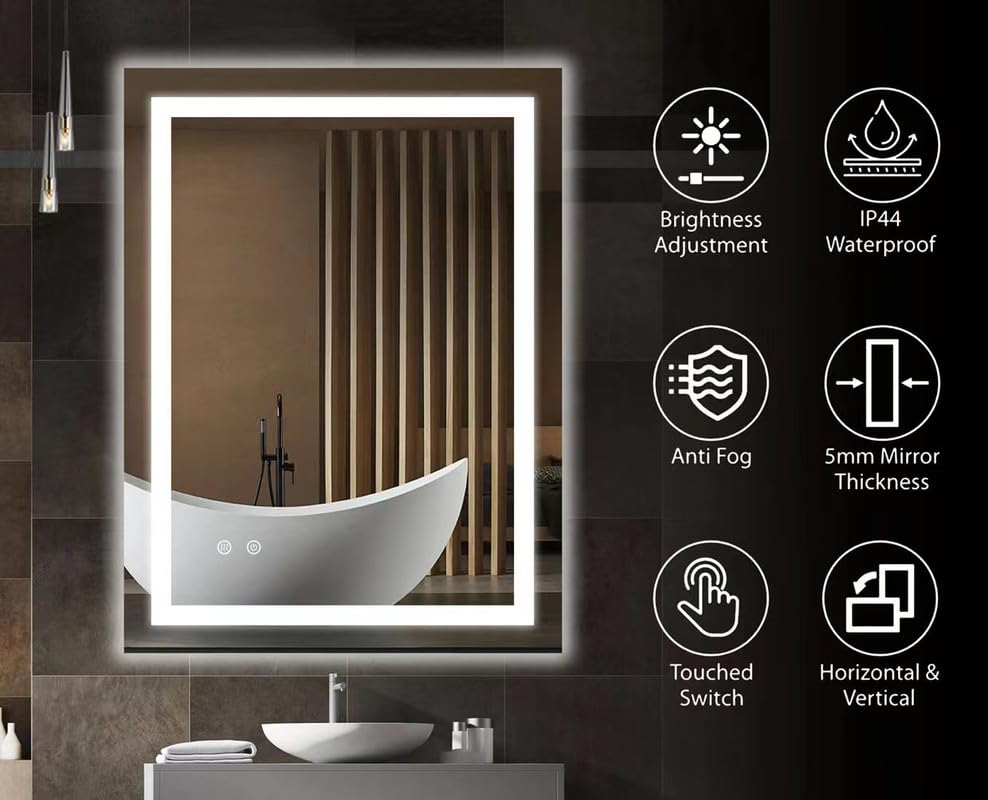 Rectangle Bathroom LED Mirror with Dimmable Lights, Anti-fog, Shatter-Proof Tempered Glass
