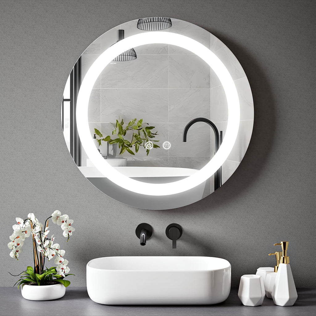 Round Bathroom LED Mirror with Dimmable Lights, Anti-fog, Shatter-Proof Tempered Glass