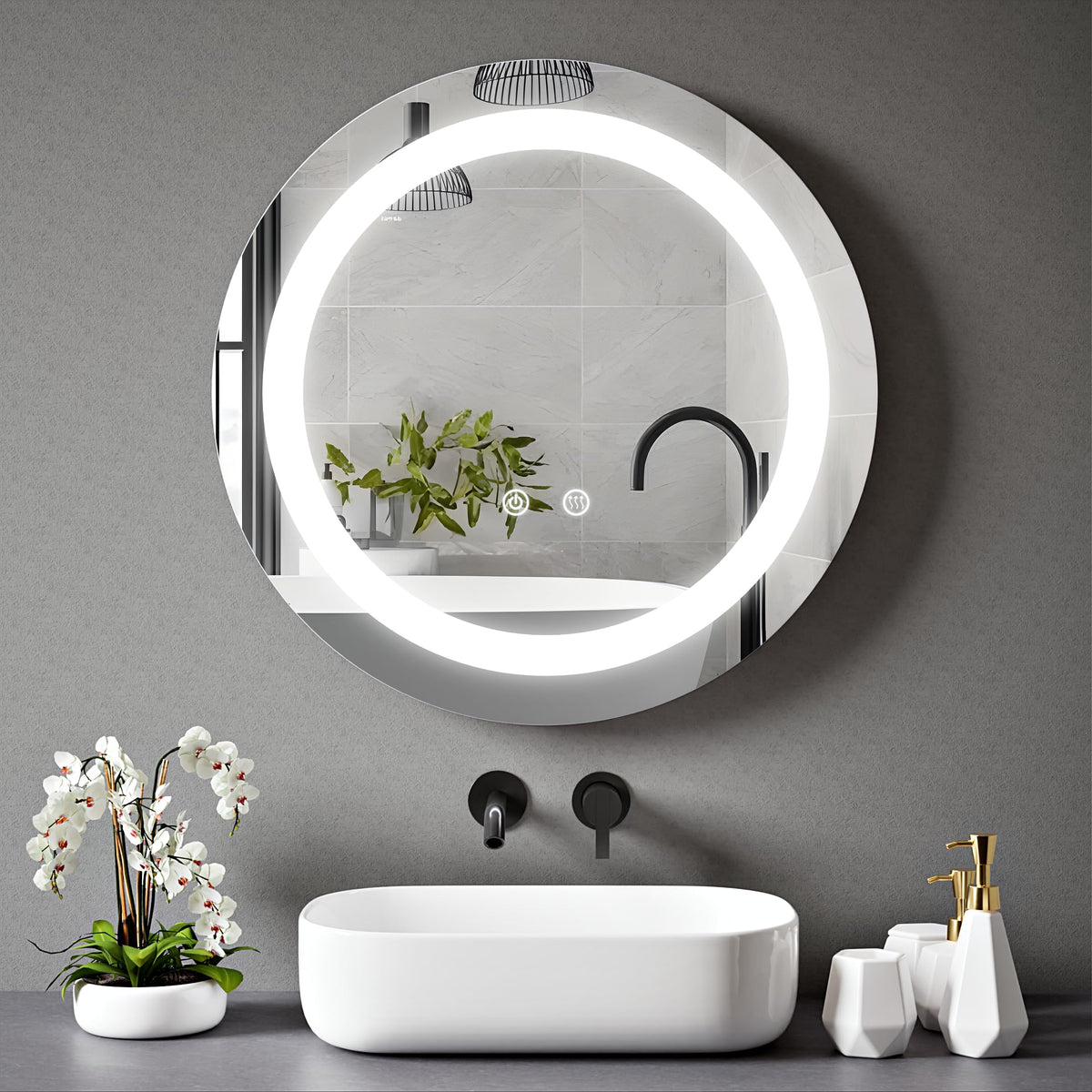 Round Bathroom LED Mirror with Dimmable Lights, Anti-fog, Shatter-Proof Tempered Glass