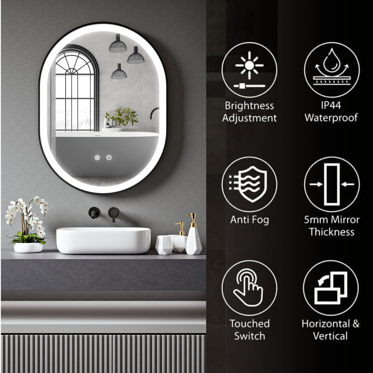 Oval Bathroom LED Mirror with Dimmable Lights, Anti-fog, Shatter-Proof Tempered Glass