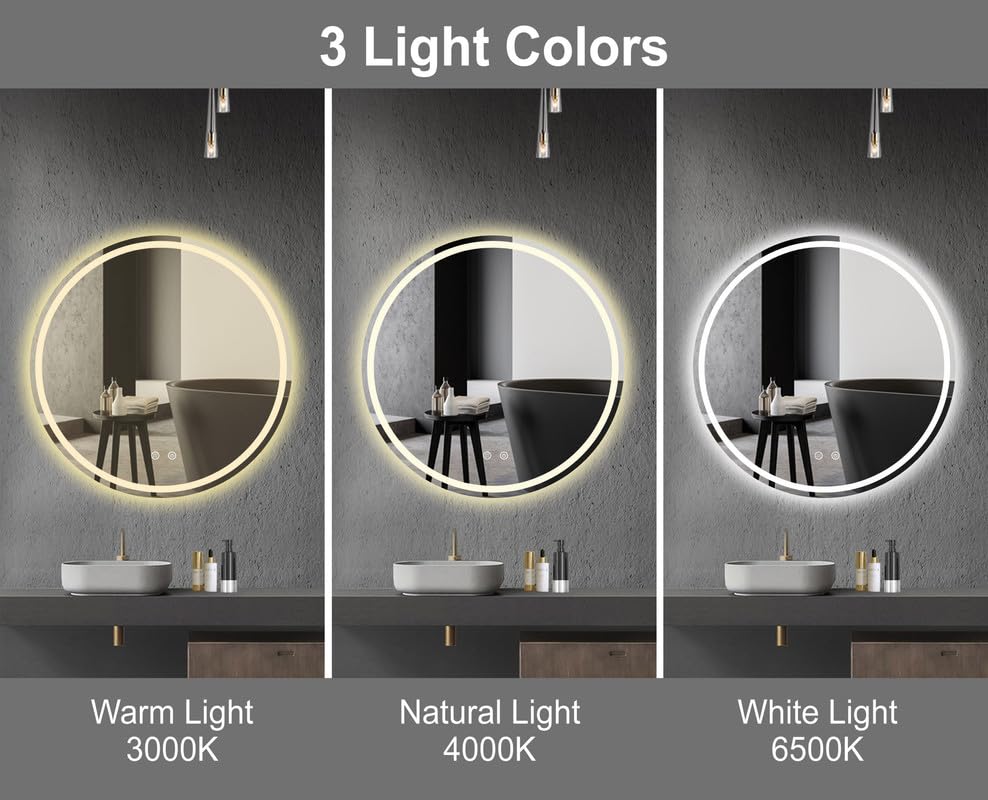 Round Bathroom LED Mirror with Dimmable Lights, Anti-fog, Shatter-Proof Tempered Glass