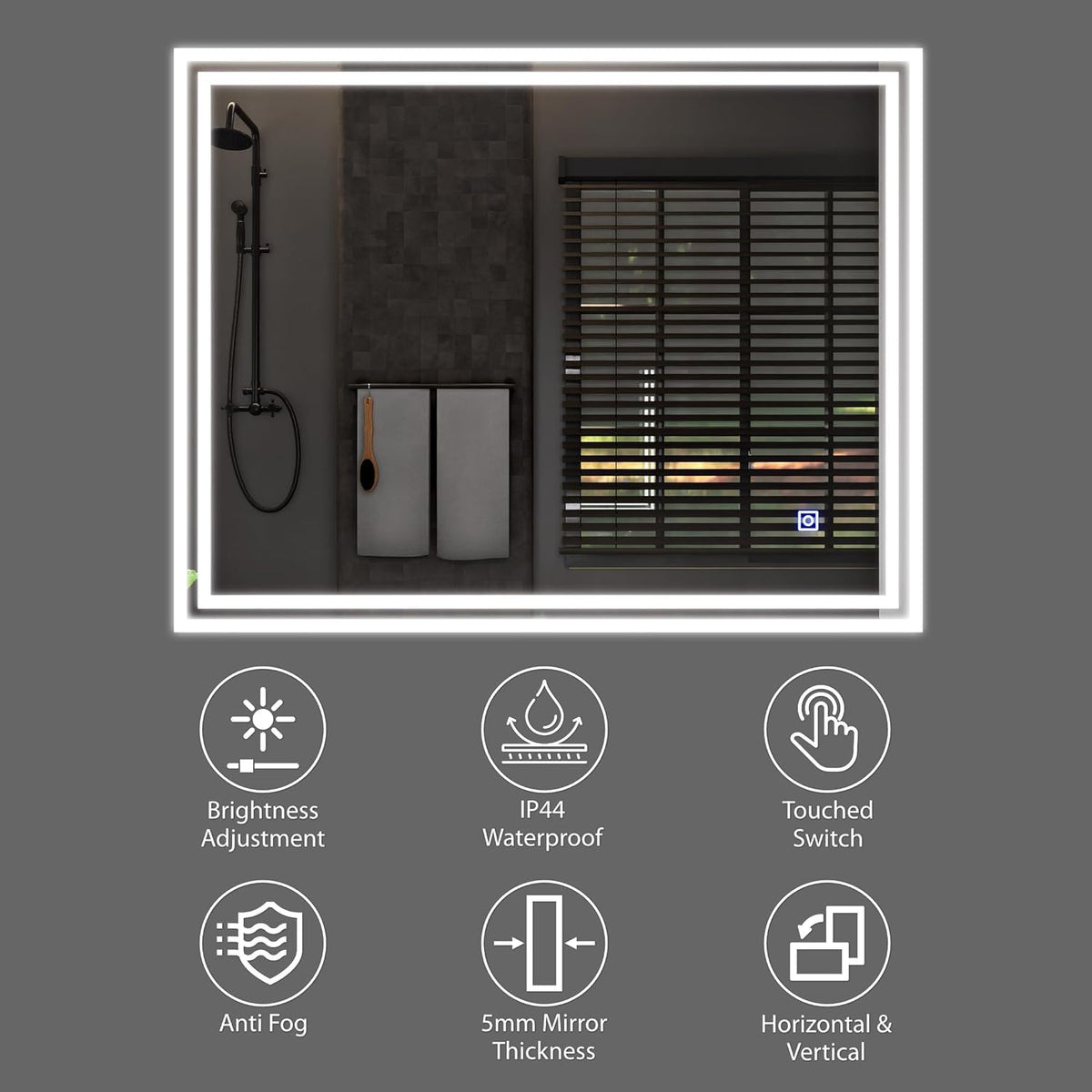 Rectangle Bathroom LED Mirror with Dimmable Lights, Anti-fog, Shatter-Proof Tempered Glass