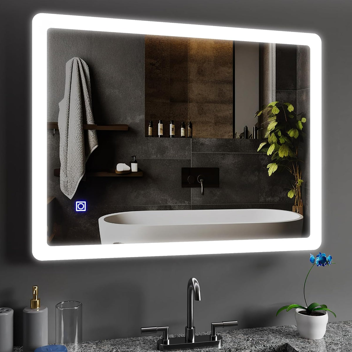 Rectangle Bathroom LED Mirror with Dimmable Lights, Anti-fog, Shatter-Proof Tempered Glass