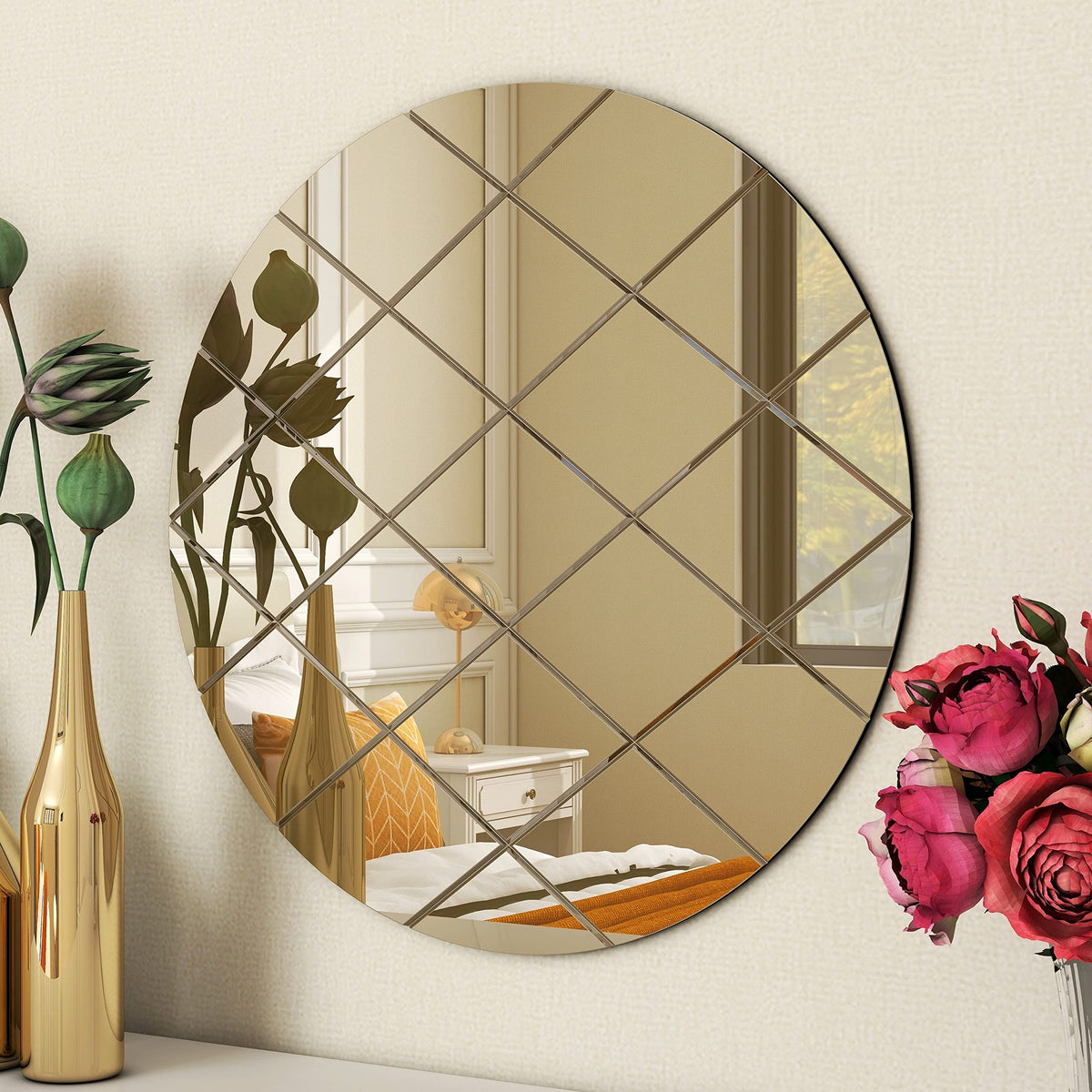 Art Deco 50cm Bronze Round Wall Mirror – Modern Wall-Mounted Glass Design for Bedroom, Hallway & Lounge