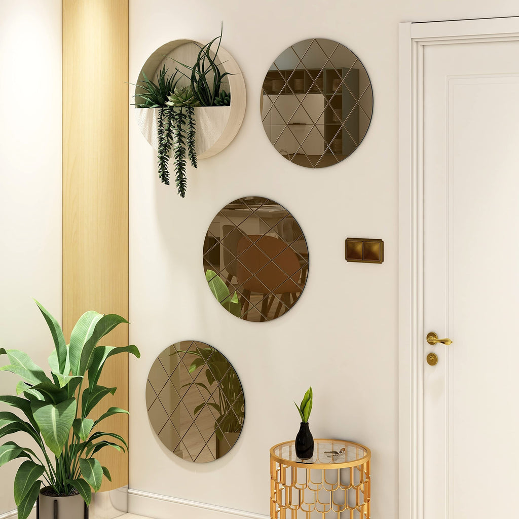 Art Deco 50cm Bronze Round Wall Mirror – Modern Wall-Mounted Glass Design for Bedroom, Hallway & Lounge