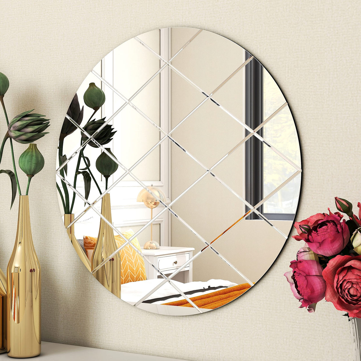 Art Deco 50cm Clear Round Wall Mirror – Modern Wall-Mounted Glass Design for Bedroom, Hallway & Lounge