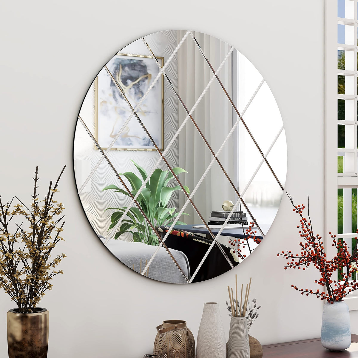 Art Deco 50cm Clear Round Wall Mirror – Modern Wall-Mounted Glass Design for Bedroom, Hallway & Lounge
