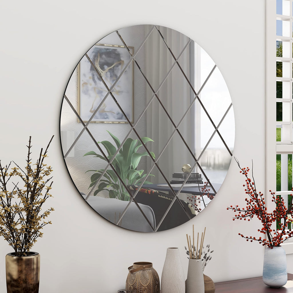 Art Deco 50cm Grey Round Wall Mirror Glass Design for Bedroom, Modern Wall-Mounted Mirrors for Hallway, Entryways and Lounge
