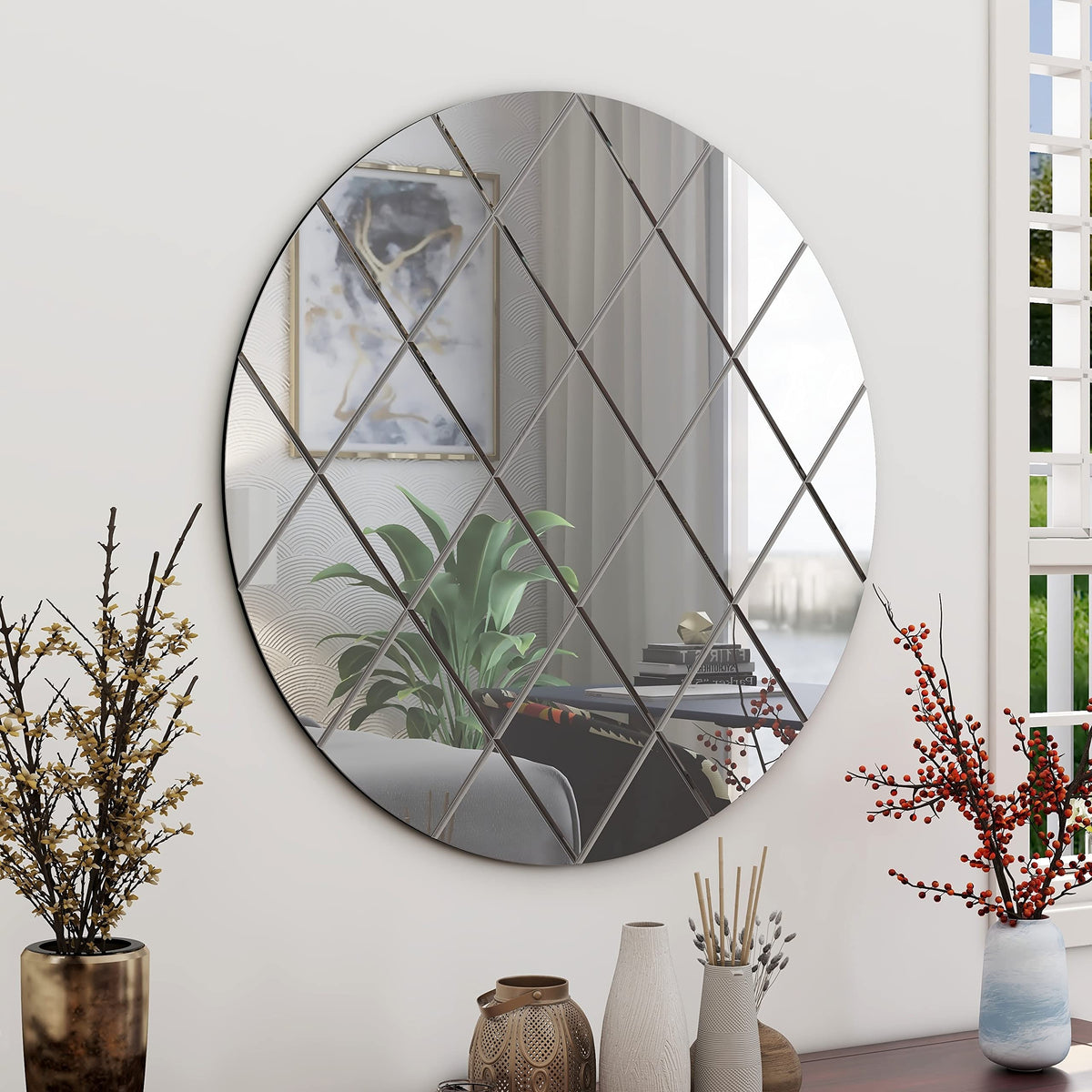 Art Deco 50cm Grey Round Wall Mirror Glass Design for Bedroom, Modern Wall-Mounted Mirrors for Hallway, Entryways and Lounge
