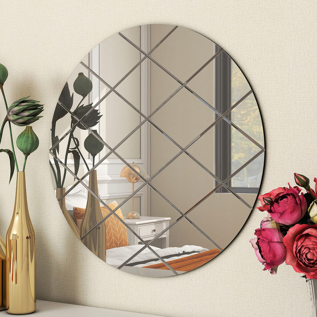 Art Deco 50cm Grey Round Wall Mirror Glass Design for Bedroom, Modern Wall-Mounted Mirrors for Hallway, Entryways and Lounge