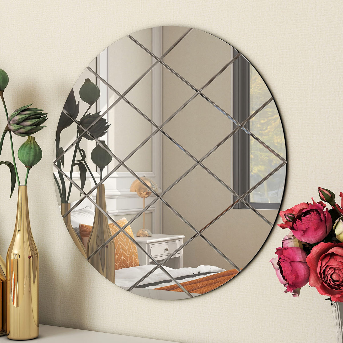 Art Deco 50cm Grey Round Wall Mirror Glass Design for Bedroom, Modern Wall-Mounted Mirrors for Hallway, Entryways and Lounge