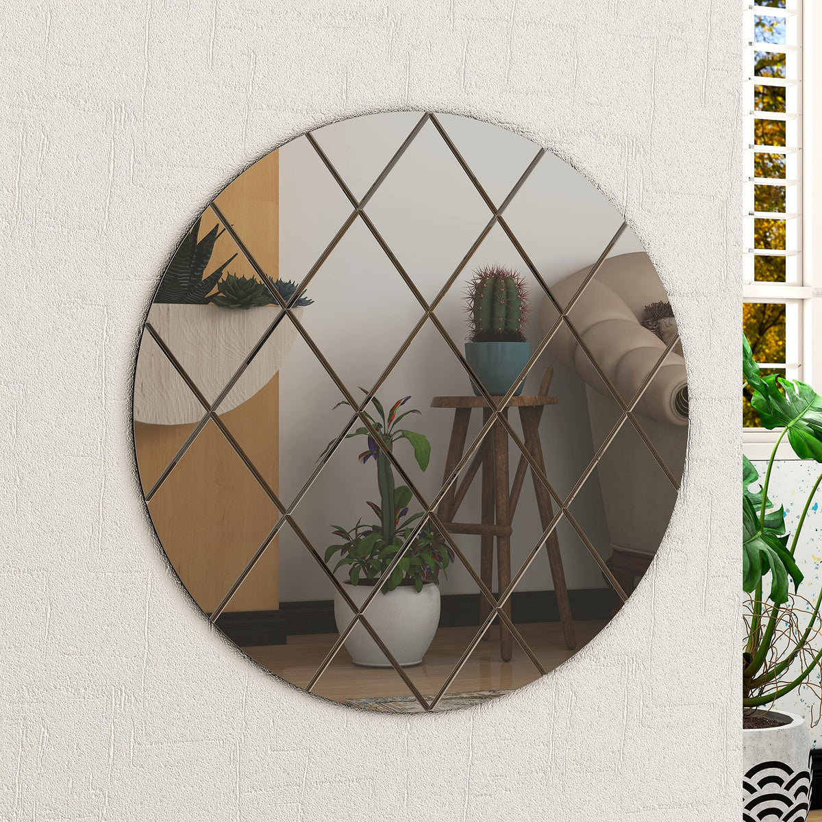 Art Deco 50cm Grey Round Wall Mirror Glass Design for Bedroom, Modern Wall-Mounted Mirrors for Hallway, Entryways and Lounge