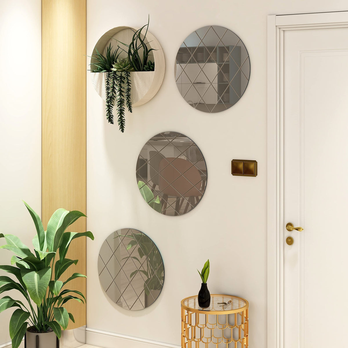 Art Deco 50cm Grey Round Wall Mirror Glass Design for Bedroom, Modern Wall-Mounted Mirrors for Hallway, Entryways and Lounge