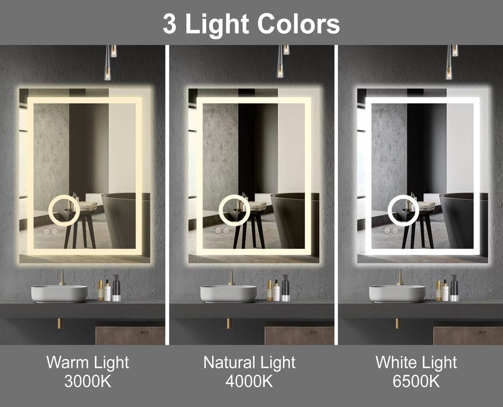 Rectangle Bathroom LED Mirror with Magnifier and Dimmable Lights, Anti-fog, Shatter-Proof Tempered Glass