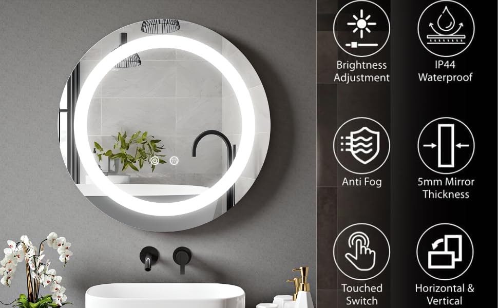 Round Bathroom LED Mirror with Dimmable Lights, Anti-fog, Shatter-Proof Tempered Glass