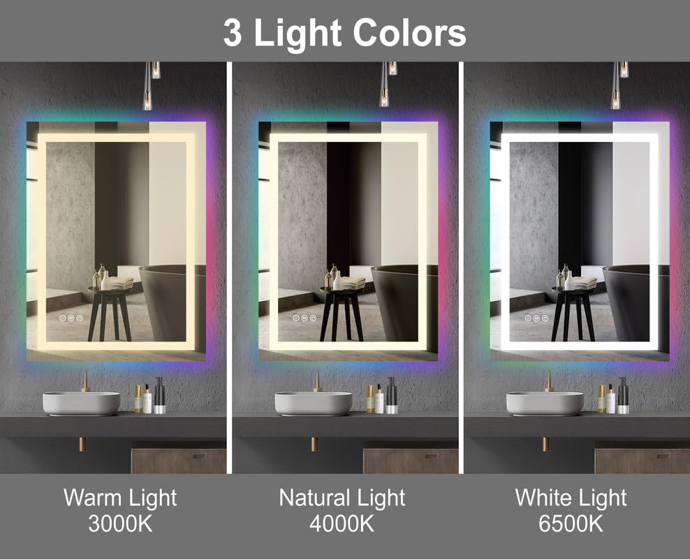 Rectangle Bathroom LED Mirror with Dimmable Lights, Anti-fog, Shatter-Proof Tempered Glass