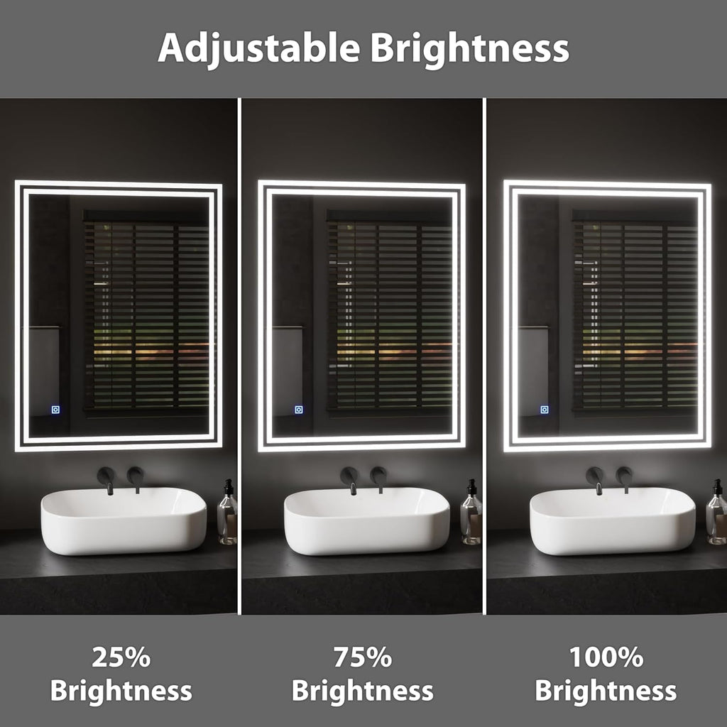 Rectangle Bathroom LED Mirror with Dimmable Lights, Anti-fog, Shatter-Proof Tempered Glass