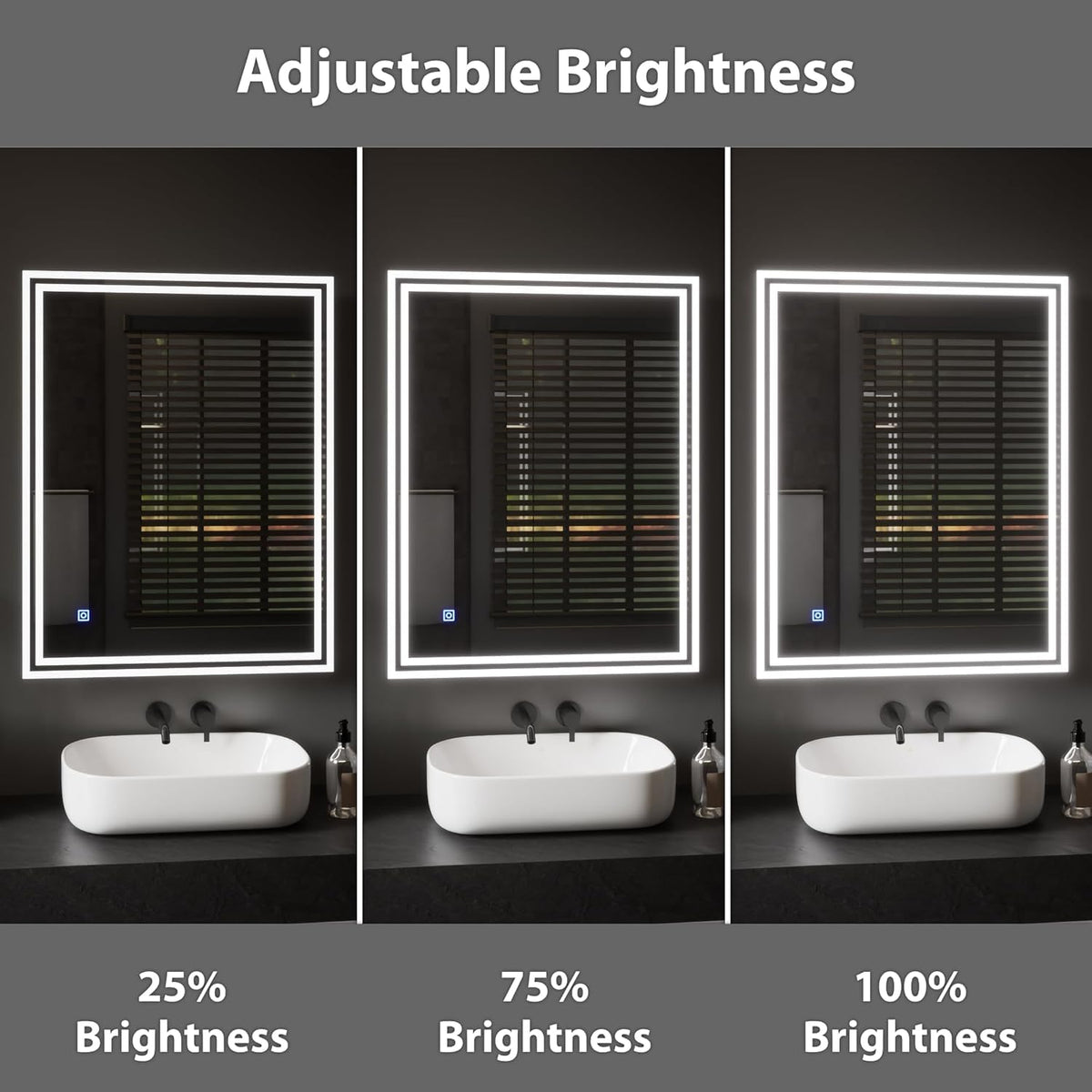 Rectangle Bathroom LED Mirror with Dimmable Lights, Anti-fog, Shatter-Proof Tempered Glass