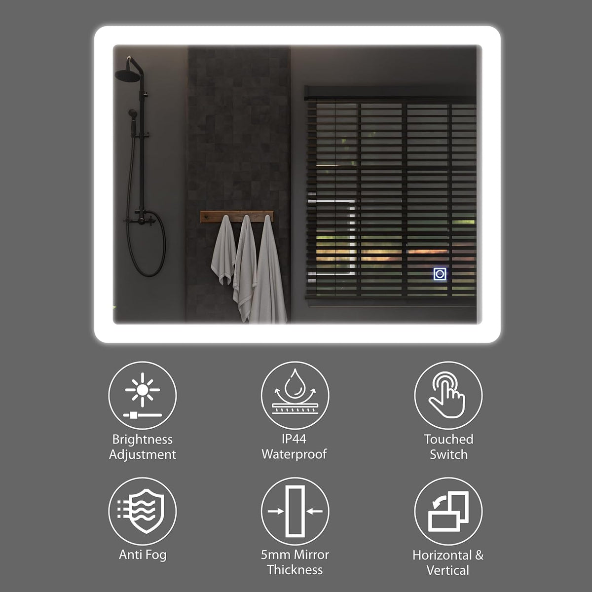 Rectangle Bathroom LED Mirror with Dimmable Lights, Anti-fog, Shatter-Proof Tempered Glass
