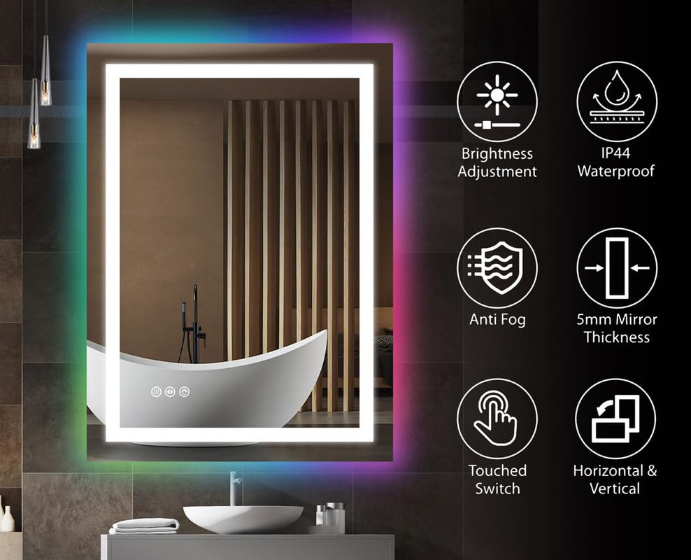 Rectangle Bathroom LED Mirror with Dimmable Lights, Anti-fog, Shatter-Proof Tempered Glass